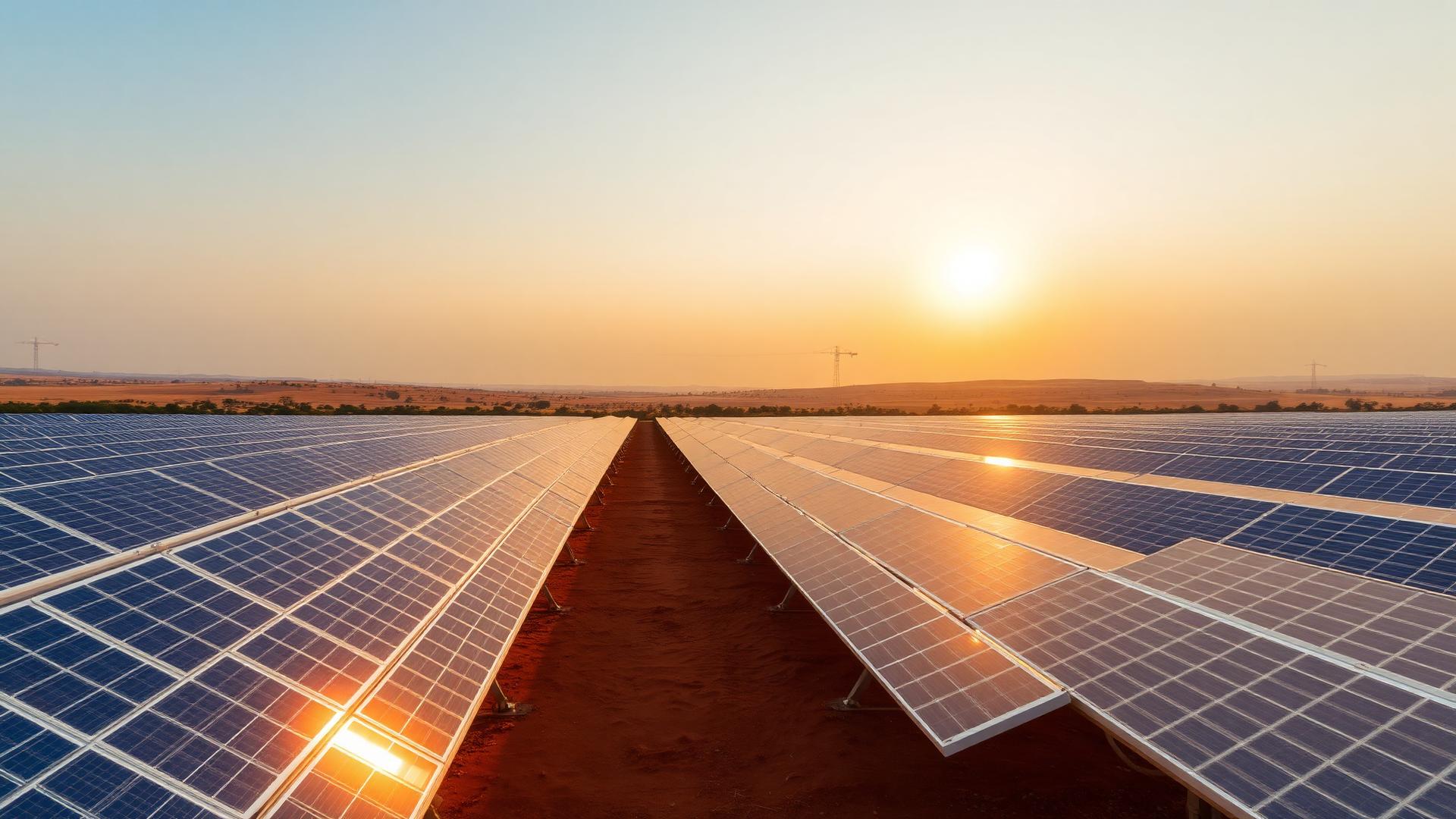 Solar panel farm at sunset